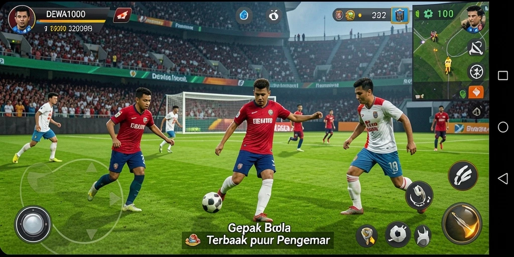 Screenshot gameplay DEWA1000 menampilkan aksi sepak bola yang seru.
