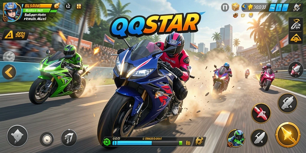 Tangkapan layar utama gameplay QQSTAR menampilkan balapan motor yang intens.