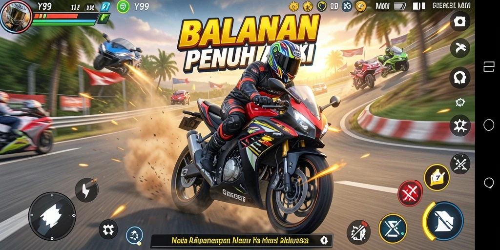Screenshot Y89 menampilkan poster balapan motor yang mendebarkan.
